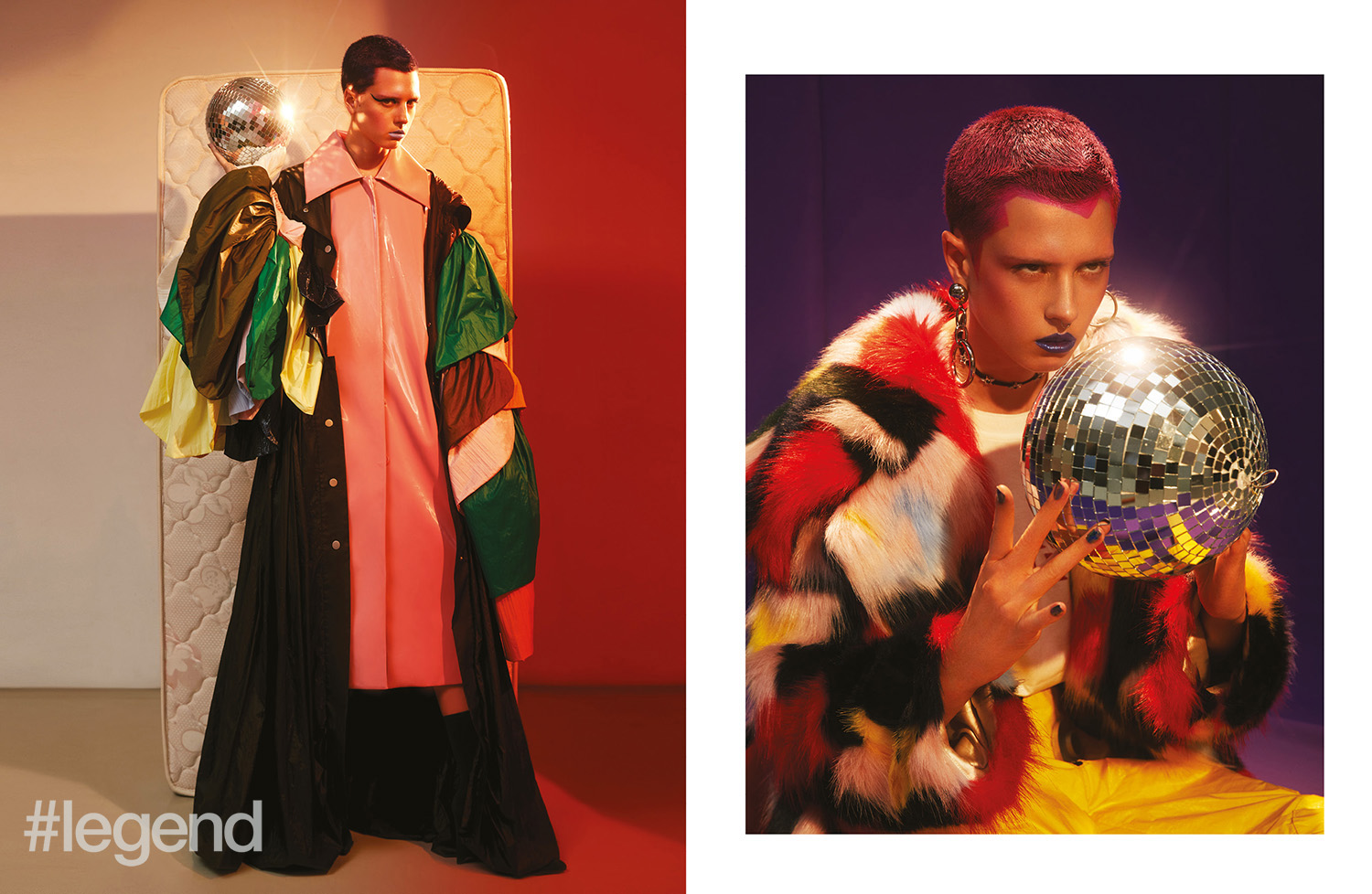 LEFT: Coat (inner) _ Mukzin | Coat _ Marrknull; RIGHT: Jacket and earrings _ Angel Chen | T-shirt _ Feng Chen Wang | Trousers _ Sankuanz